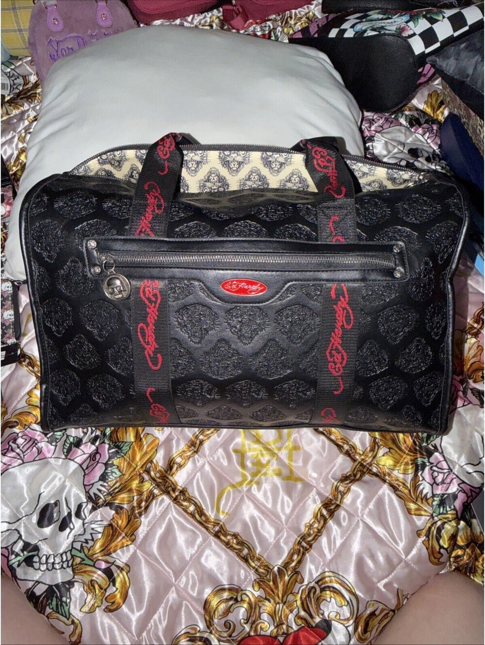 Ed Hardy Black Faux Leather Weekender Duffel Bag~Screaming Tiger Print~Y2K~NWT